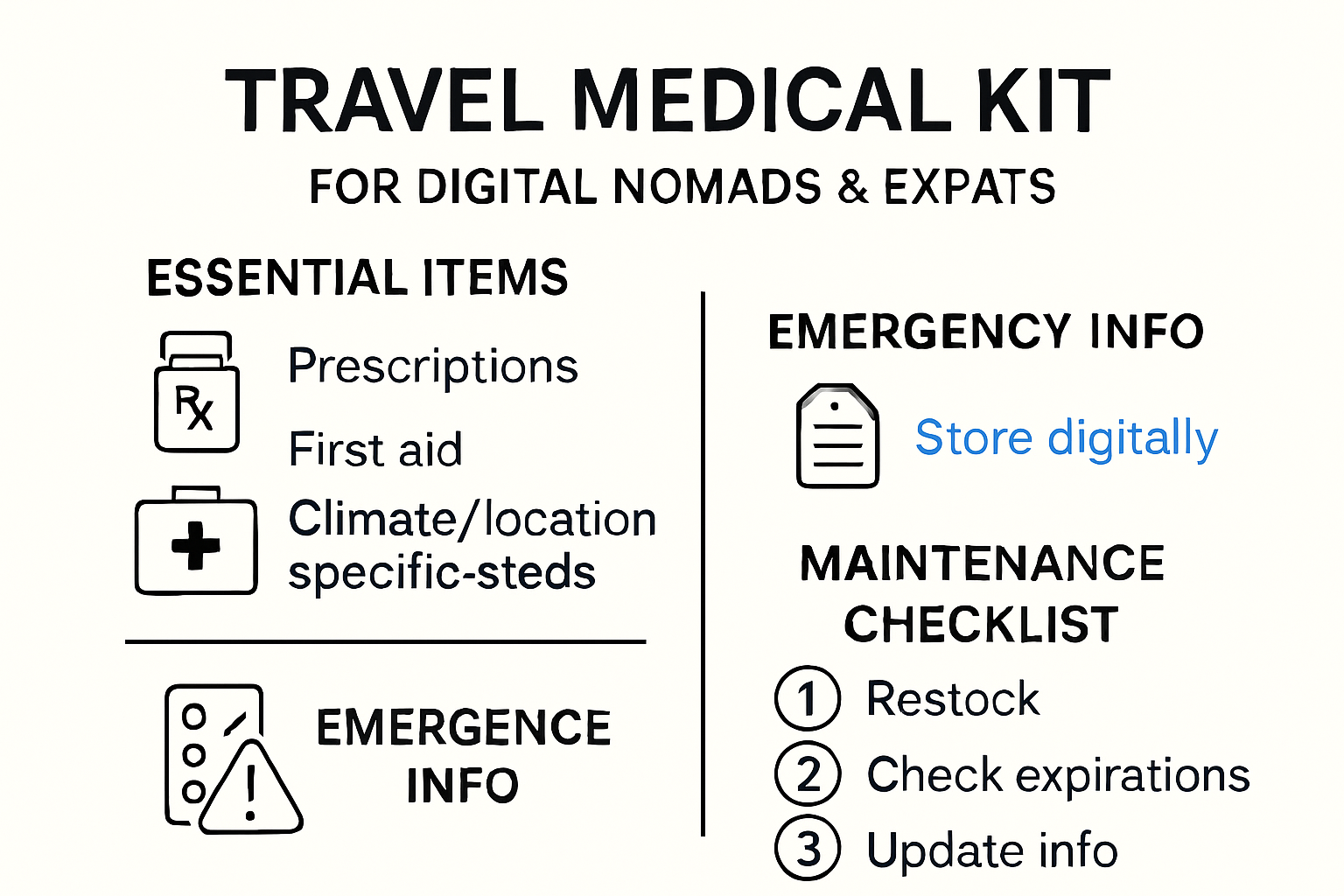 Travel medical kit components and checklist infographic