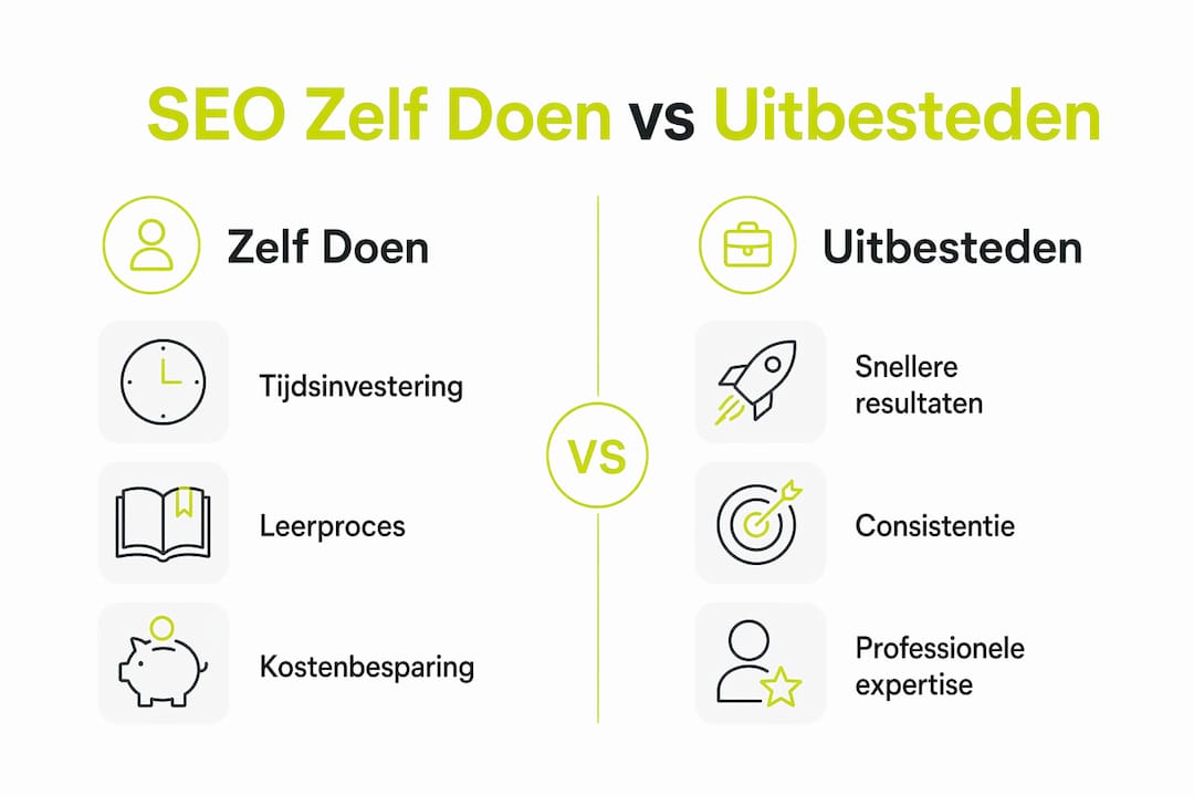 Infographic: zelf aan de slag met SEO of toch uitbesteden? Een overzichtelijke vergelijking.