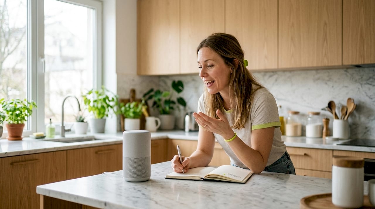 Een vrouw bedient haar slimme speaker in de woonkamer.