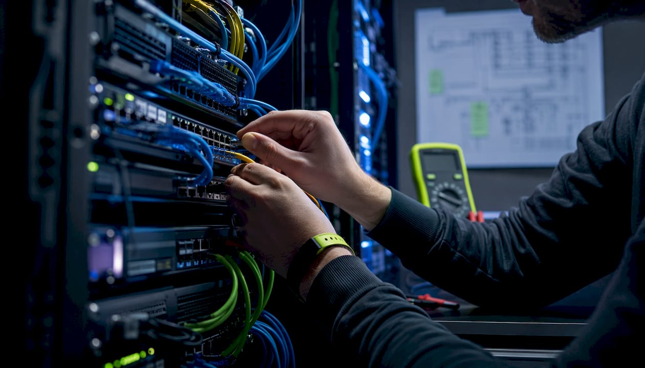 Handen die bezig zijn met het ordenen van serverkabels in een datacenter.