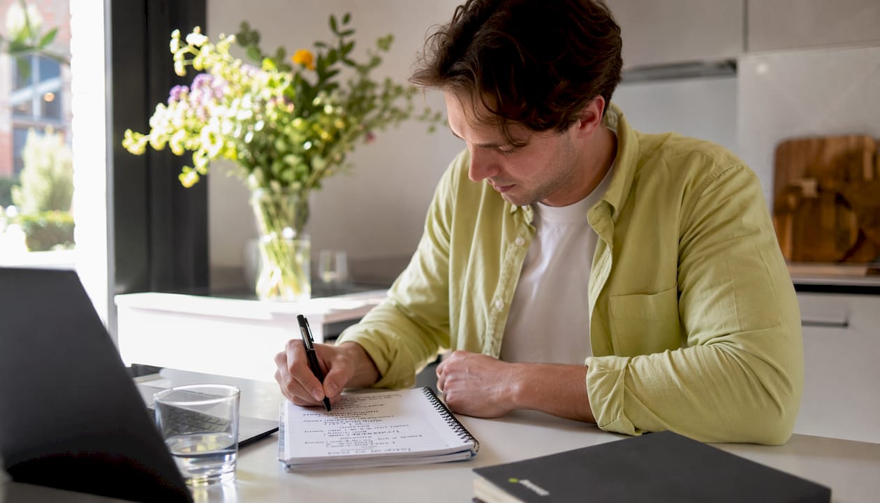 Detailopname van handen die aantekeningen maken voor SEO-teksten
