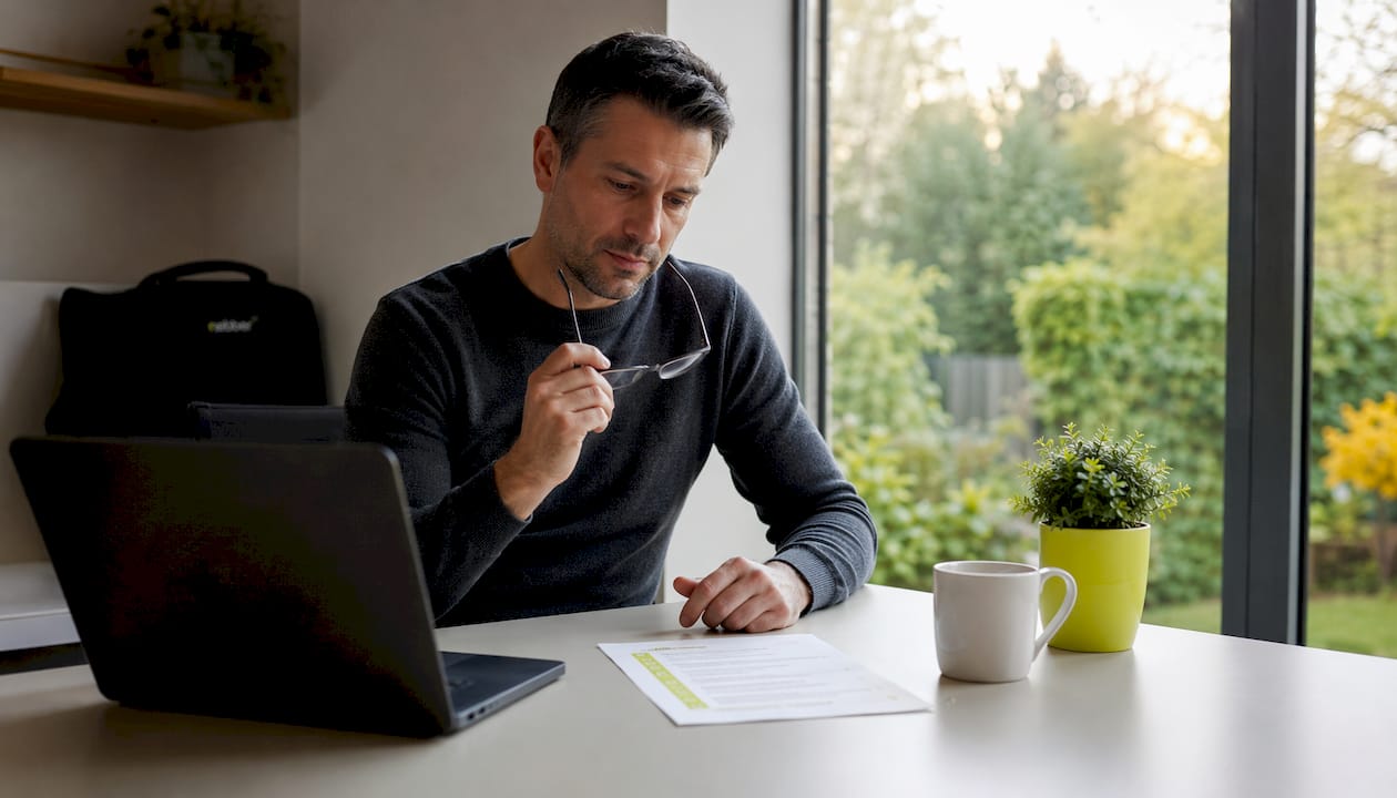 Man bekijkt een SEO-checklist terwijl zijn laptop naast hem openstaat