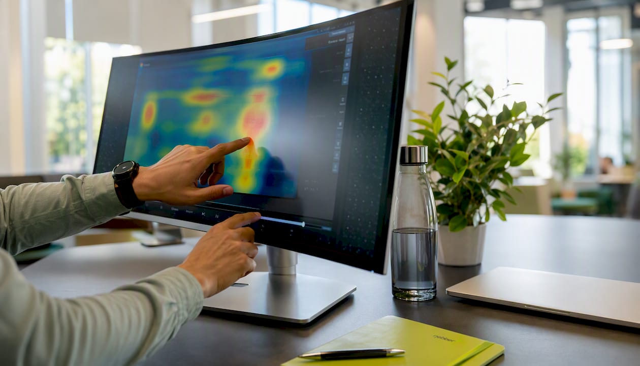 Handen die actief gebruikmaken van een heatmap en sessie-opnames bekijken