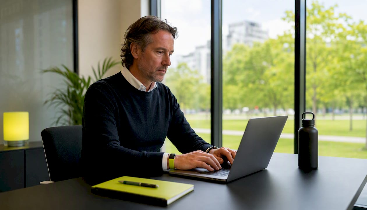 Man aan het werk met zijn laptop in een gezamenlijke werkruimte