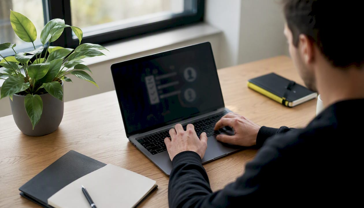 Bureau met een CMS-scherm voor contentcontrole en diverse bureau-accessoires