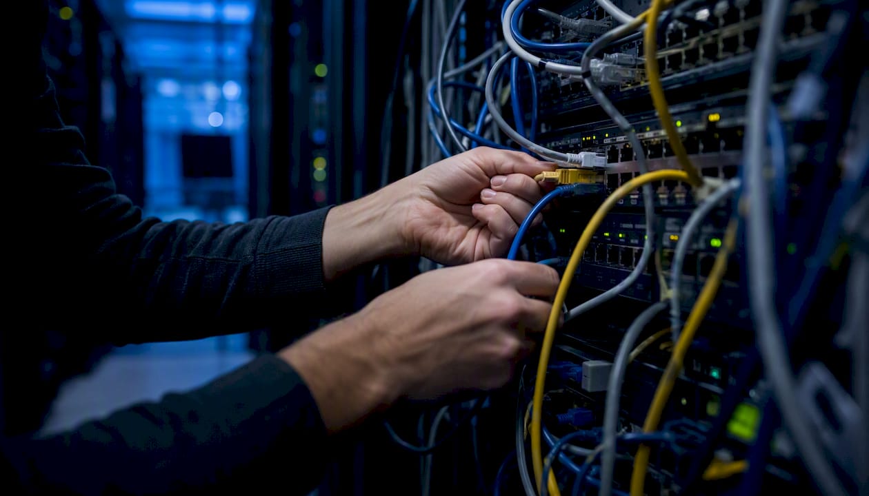 Een paar handen sluiten netwerkbekabeling opnieuw aan in een serverruimte.