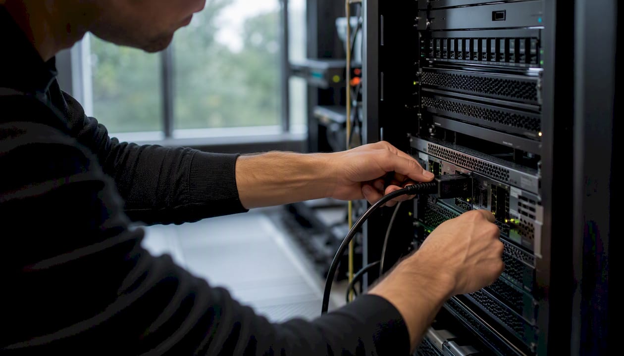 Een paar handen sluit een kabel aan op een serverkast.