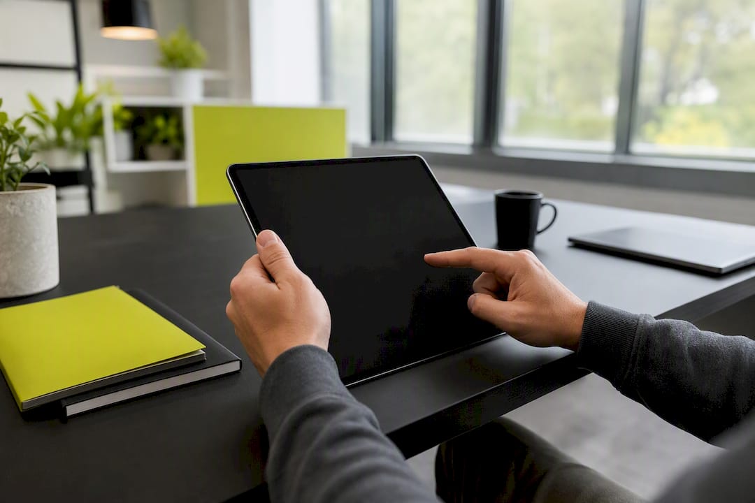 Handen die wijzen naar een tablet voor SEO-monitoring