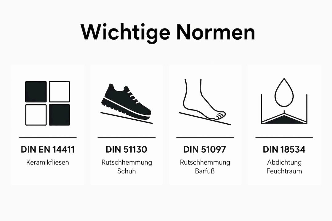Übersichtsgrafik: Wichtige Richtlinien und Standards für Keramikfliesen in Feuchträumen