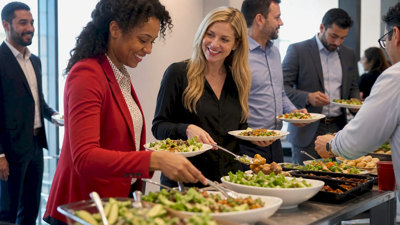 Workers serving themselves at buffet catering