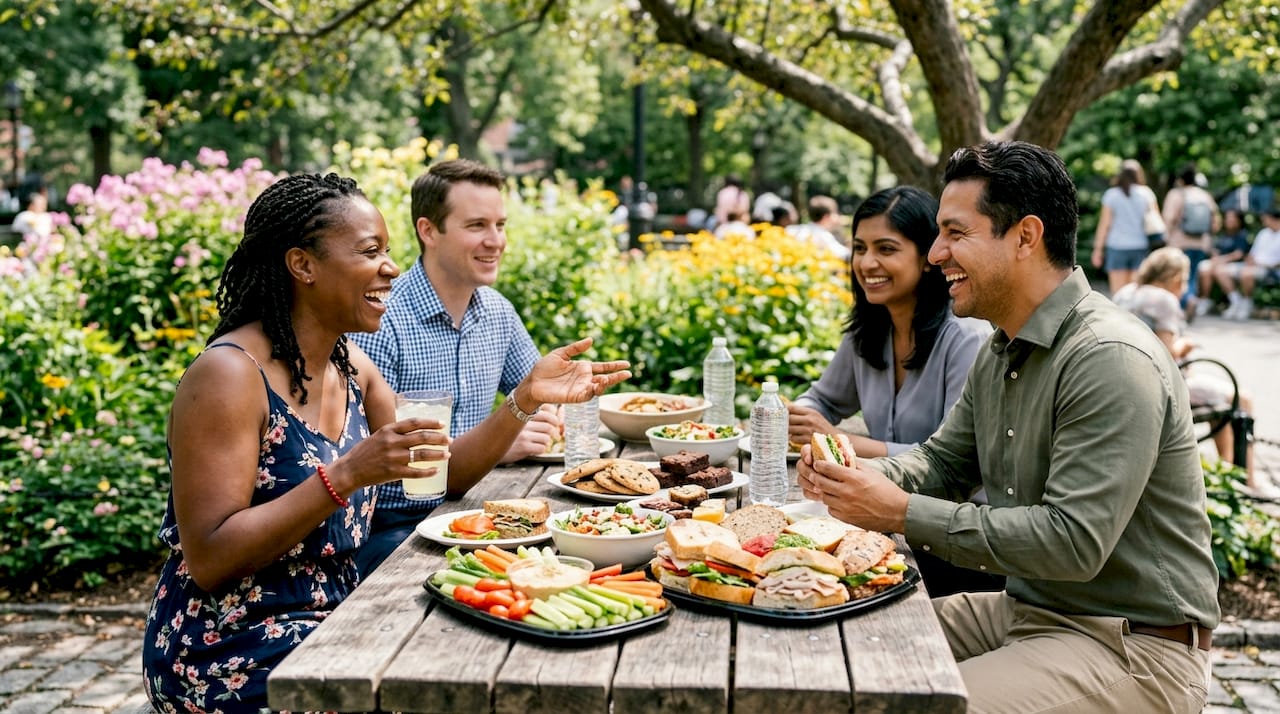 Guests socializing and sharing food platters