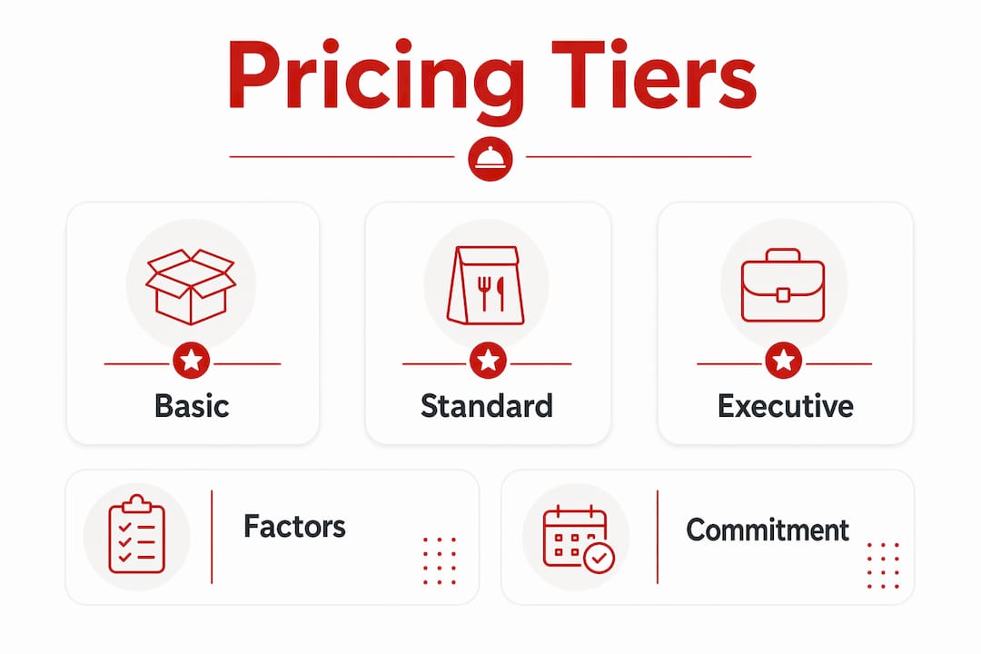 Infographic displaying recurring catering pricing tiers and factors