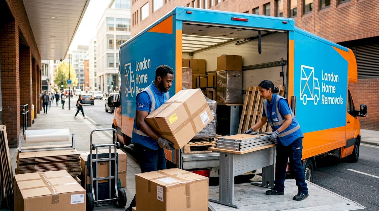 Movers loading office furniture into removal truck