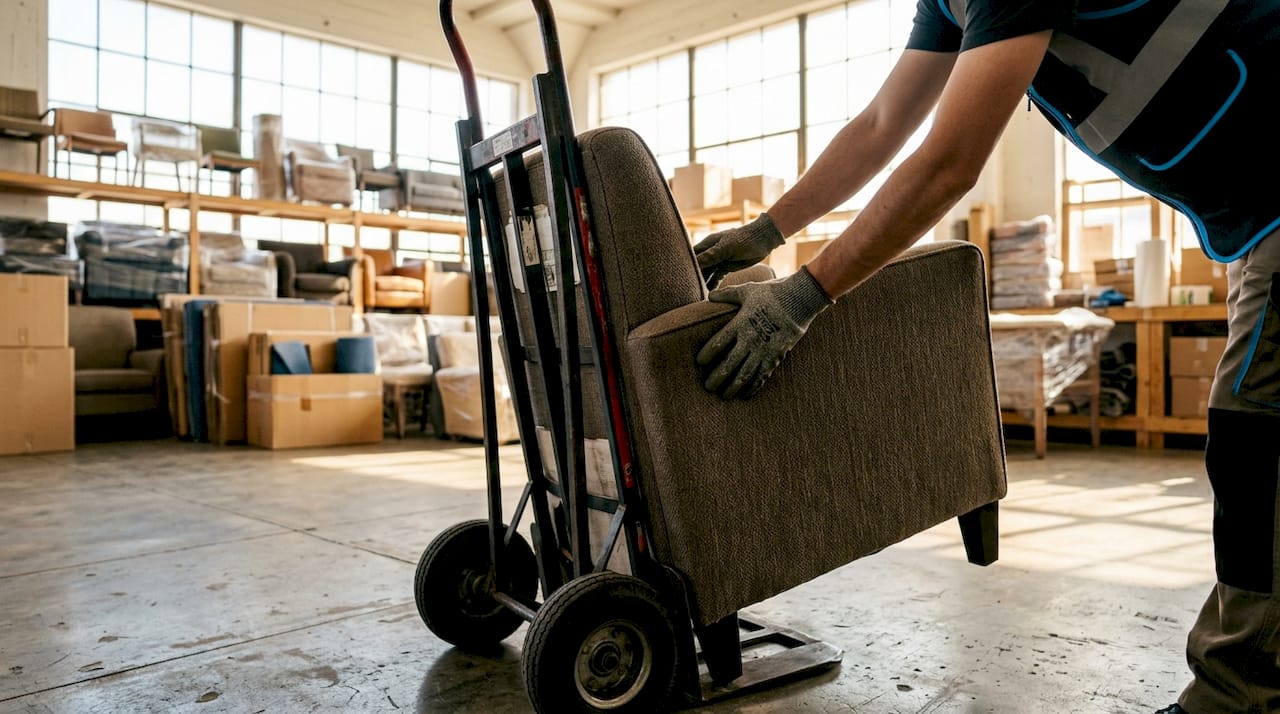 Hands securing chair onto hand truck in warehouse