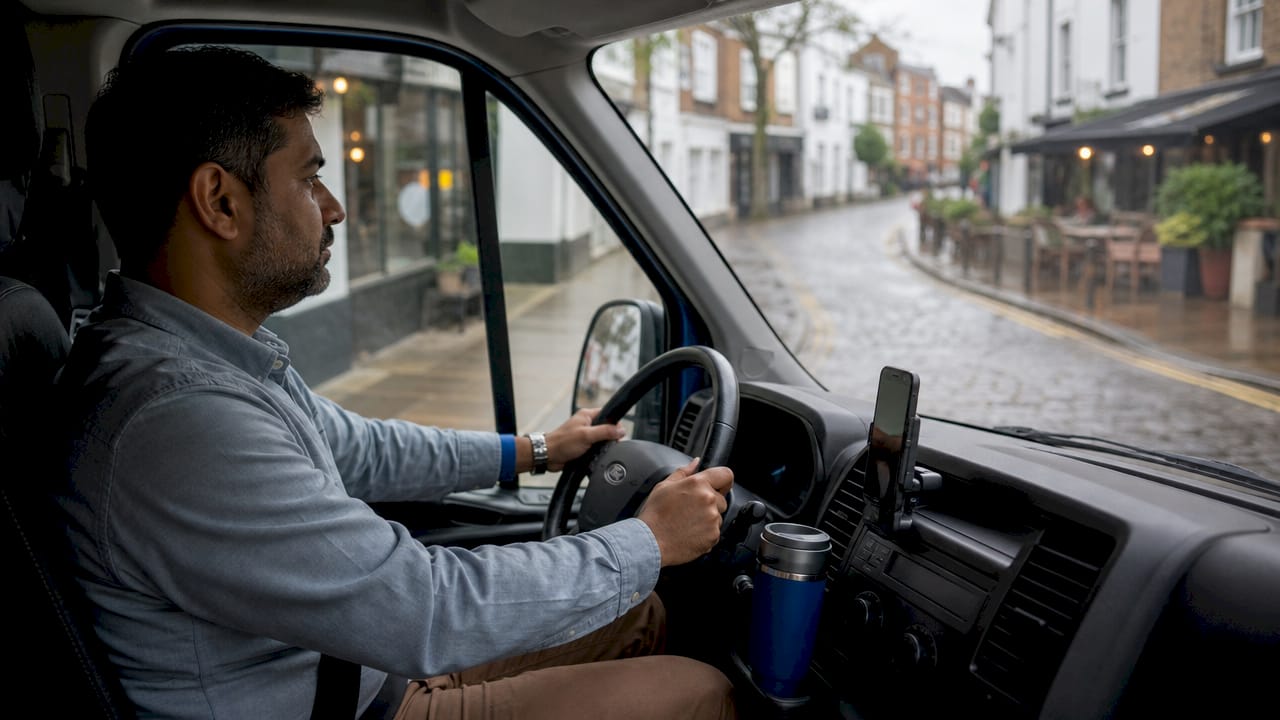 Driver steering cargo van on London street