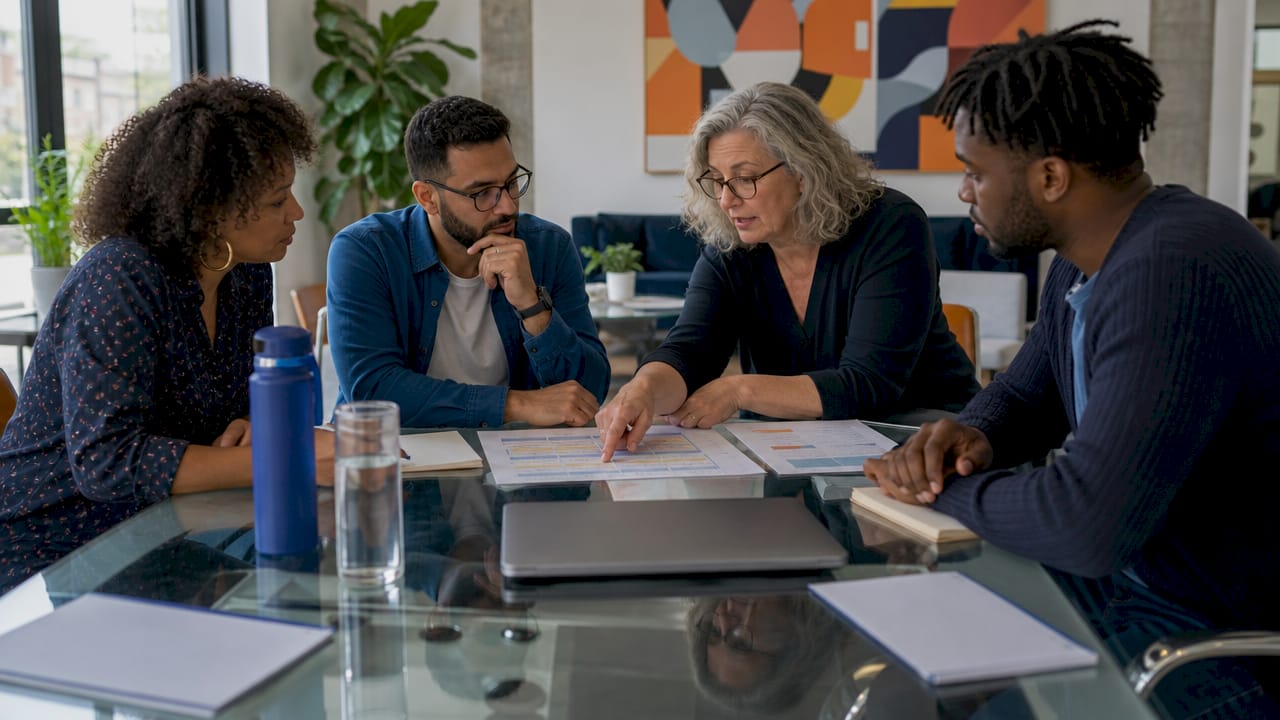 Office relocation team holding coordination meeting