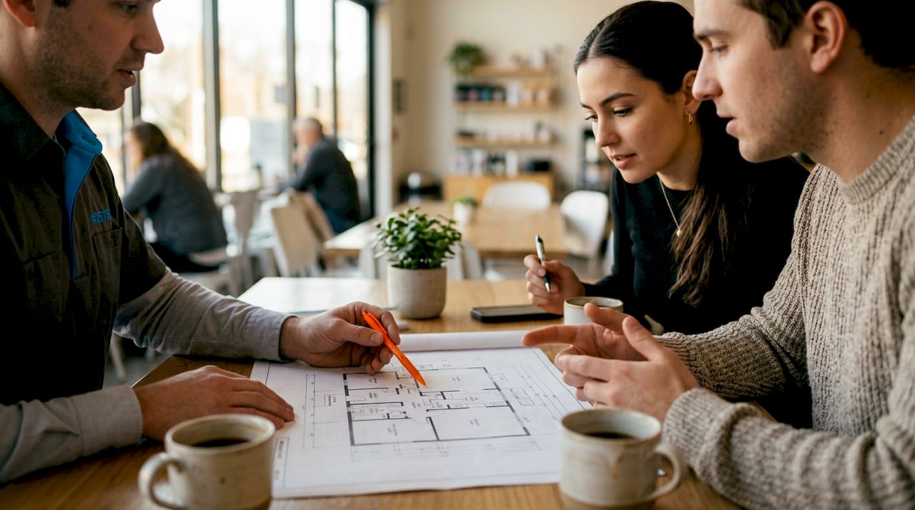 Couple consulting removal expert over house plan