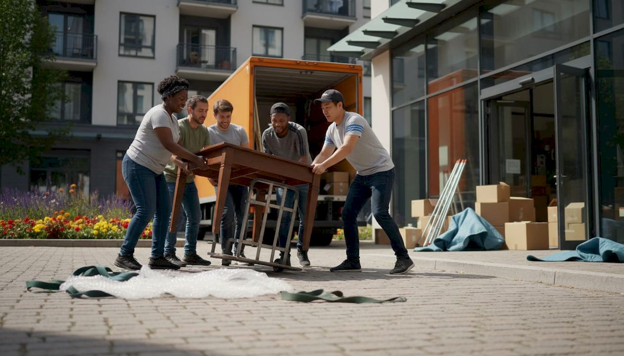 Team loading sofa into removal company truck outdoors