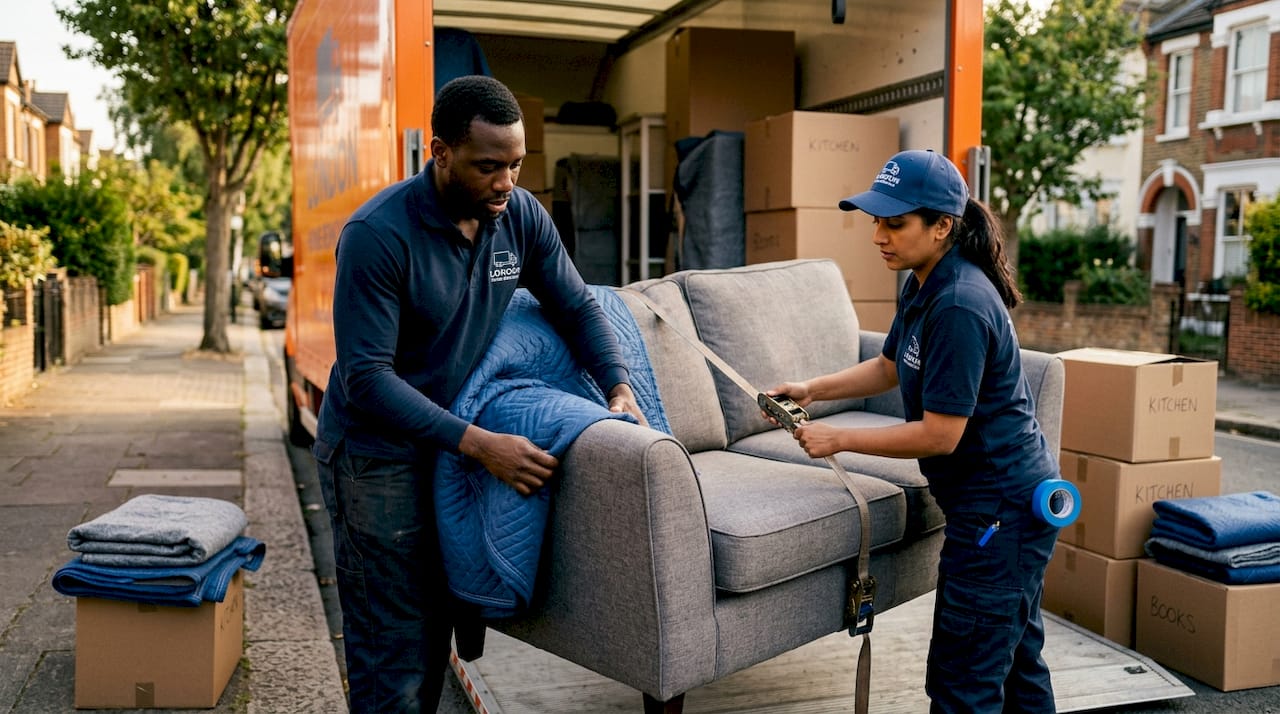 Removal workers loading furniture into van outdoors