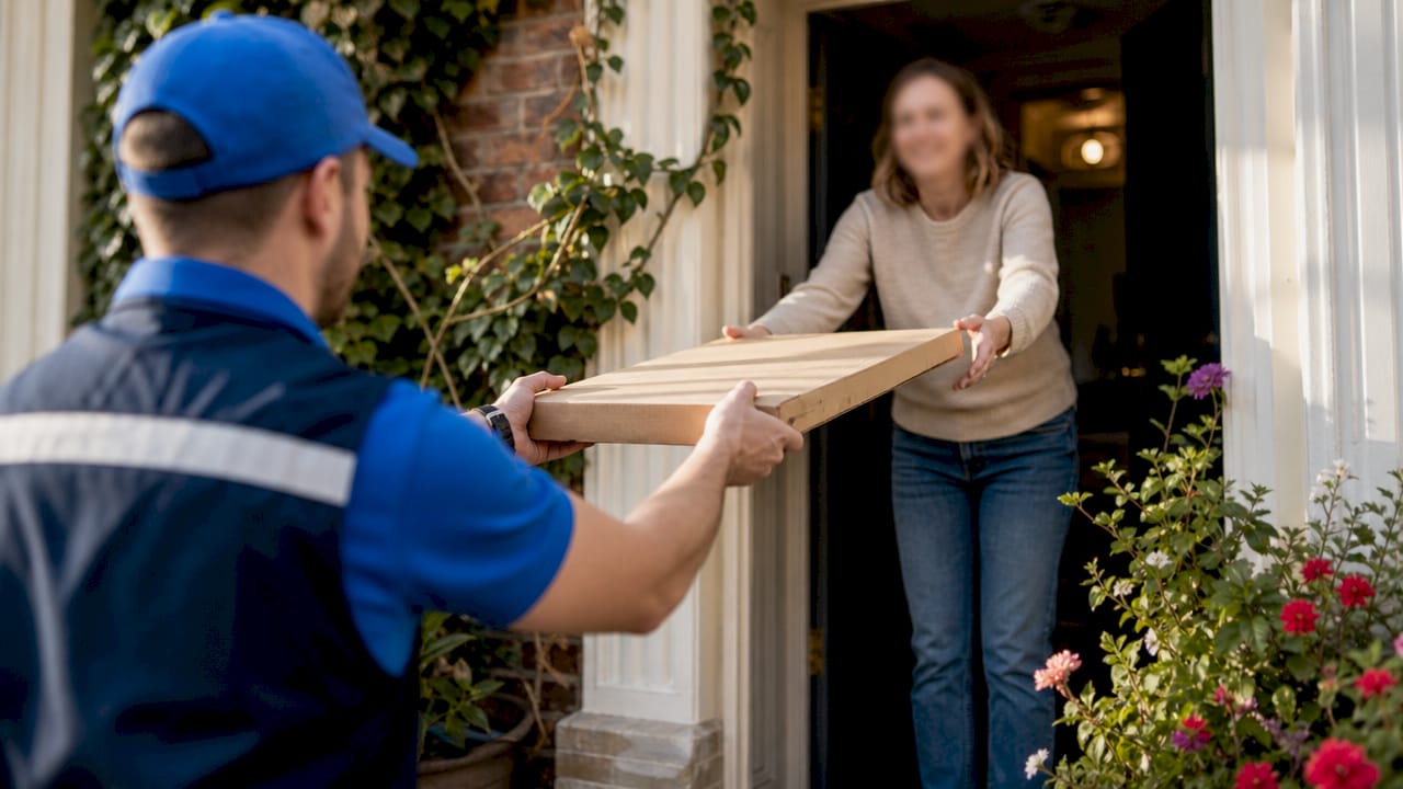 Courier handing furniture box at doorstep