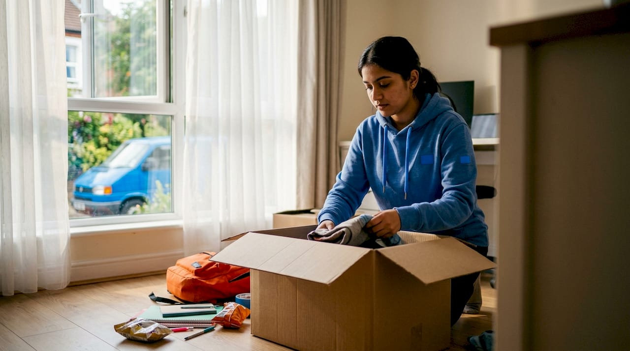 Student packing belongings in bedroom near moving van