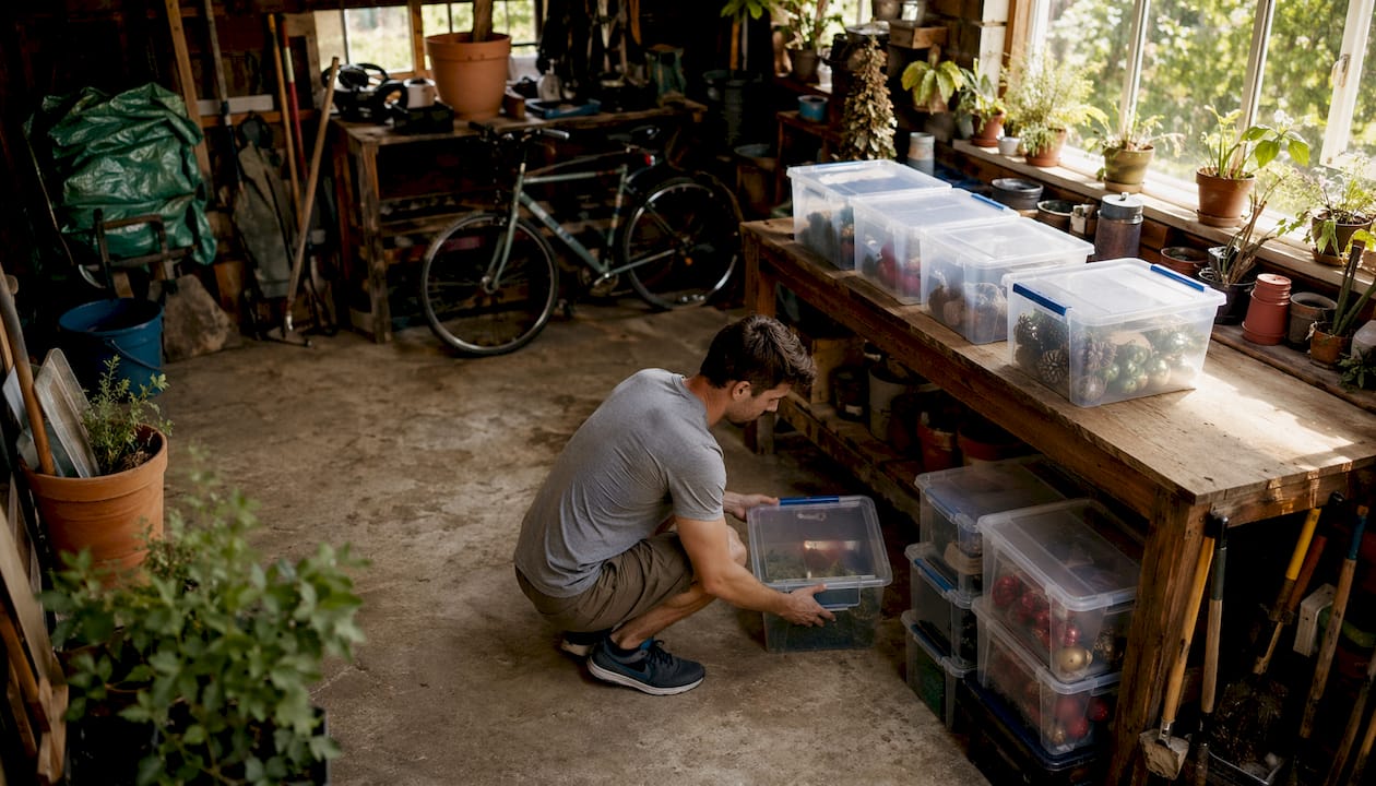Man packing seasonal items in garage
