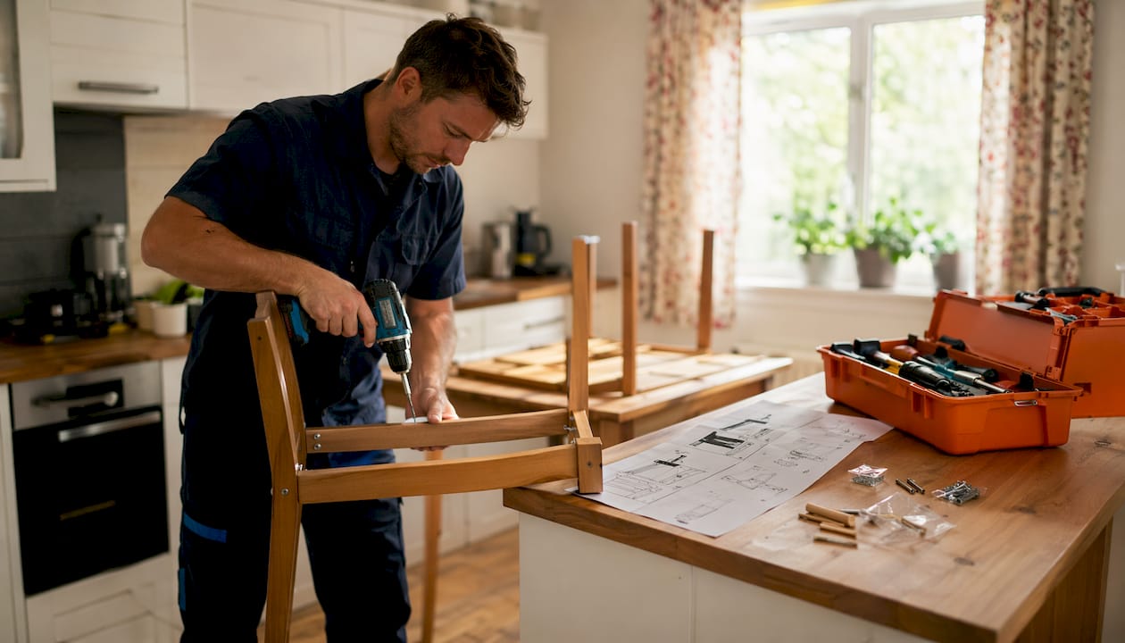 Hands assembling wooden chair with tools nearby