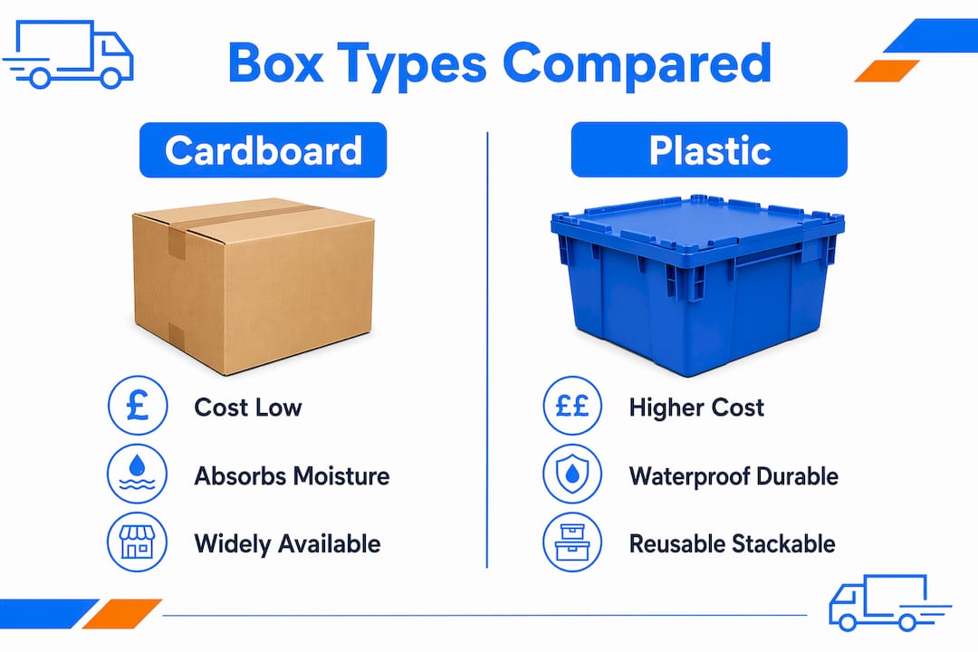 Infographic comparing cardboard and plastic moving boxes