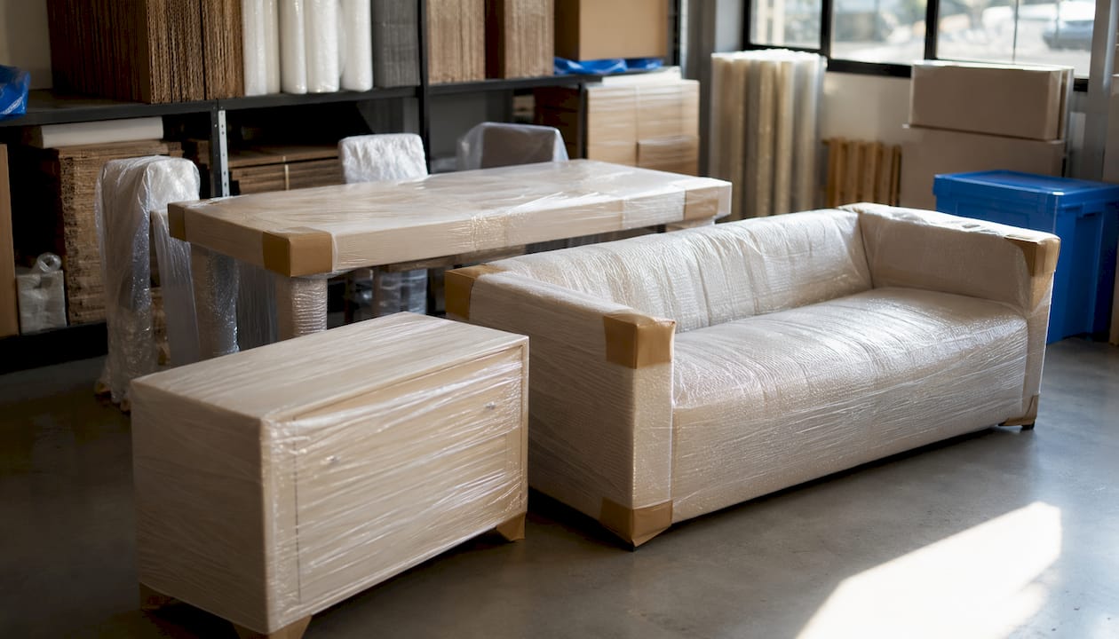 Wrapped furniture pieces in warehouse storage