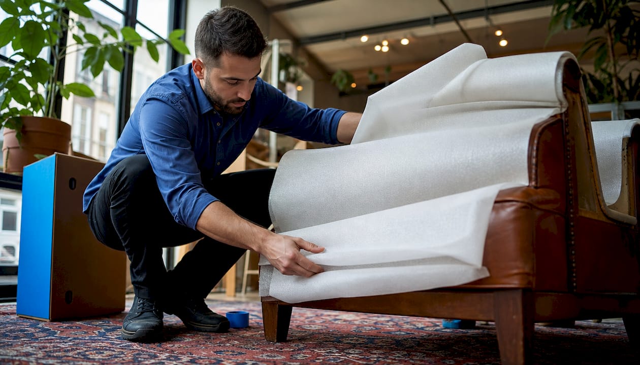 Hands wrapping leather armchair in moving truck