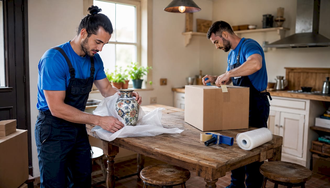 Movers carefully packing fragile tenant belongings