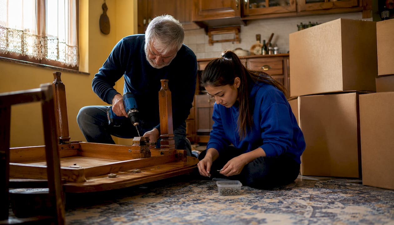 Two packers dismantling furniture in living room