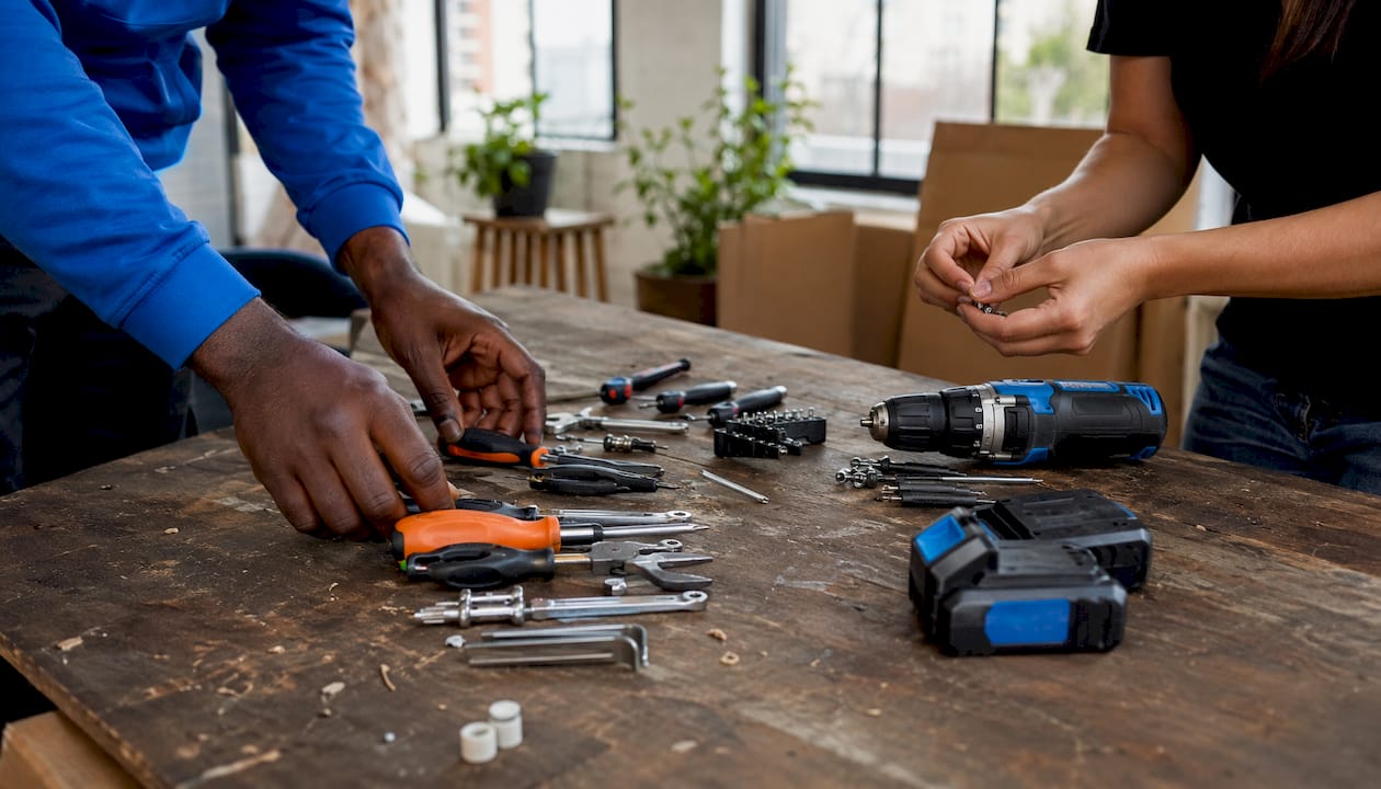Close-up of hands selecting furniture tools