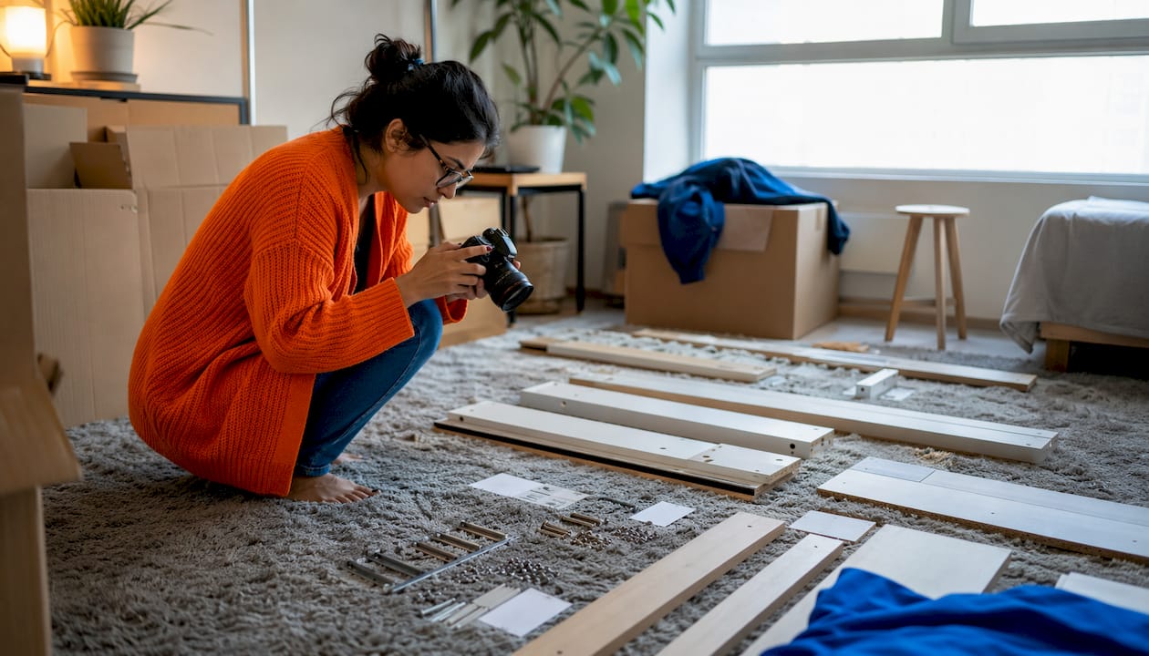 Woman photographing disassembled furniture parts
