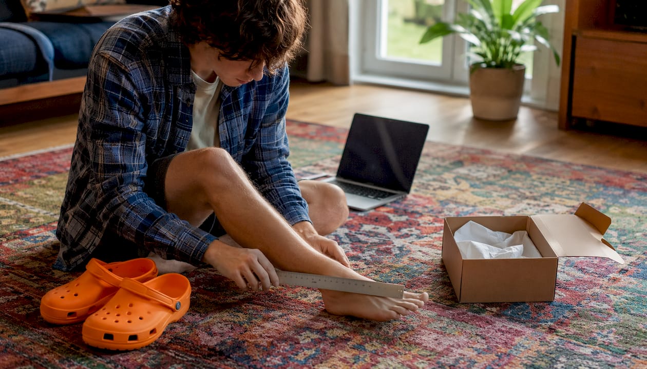 Hands measuring feet for clogs at home