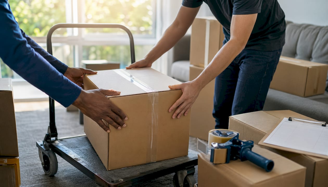 Hands placing packed box on dolly for moving
