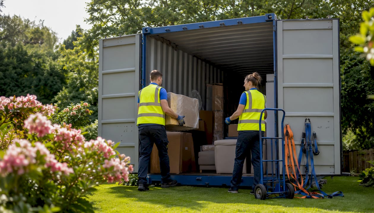 Portable container being loaded on driveway