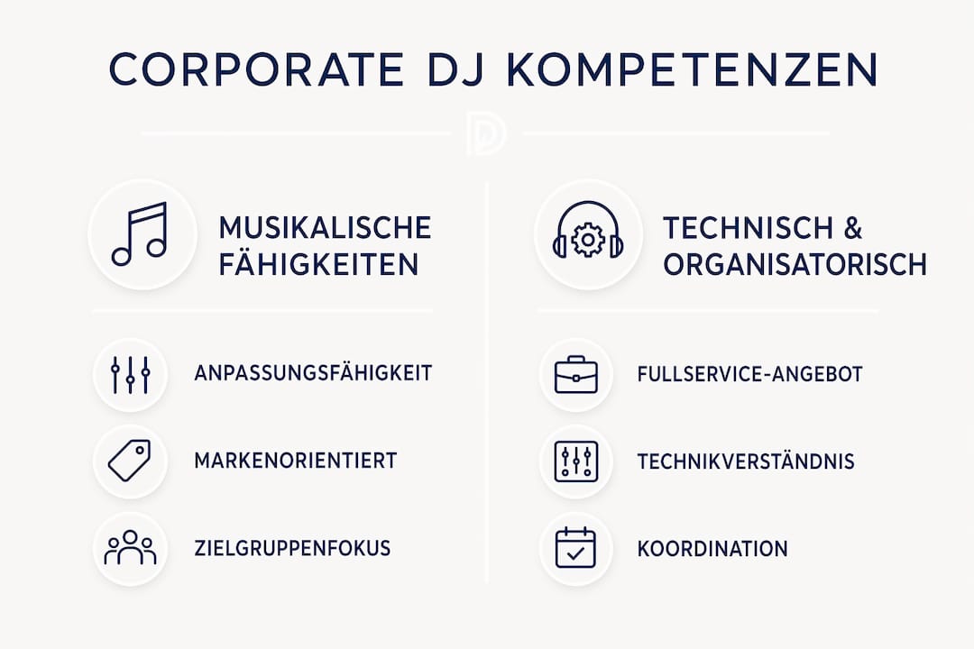 Diese Infografik veranschaulicht die vielfältigen Kompetenzen, die ein Corporate DJ mitbringen sollte.