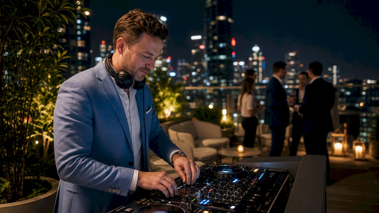 Ein professioneller Event-DJ sorgt auf einer festlichen Firmen-Gala für die passende musikalische Untermalung.