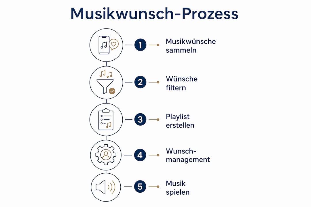 Die Infografik veranschaulicht, wie Musikwünsche eingereicht und bearbeitet werden.