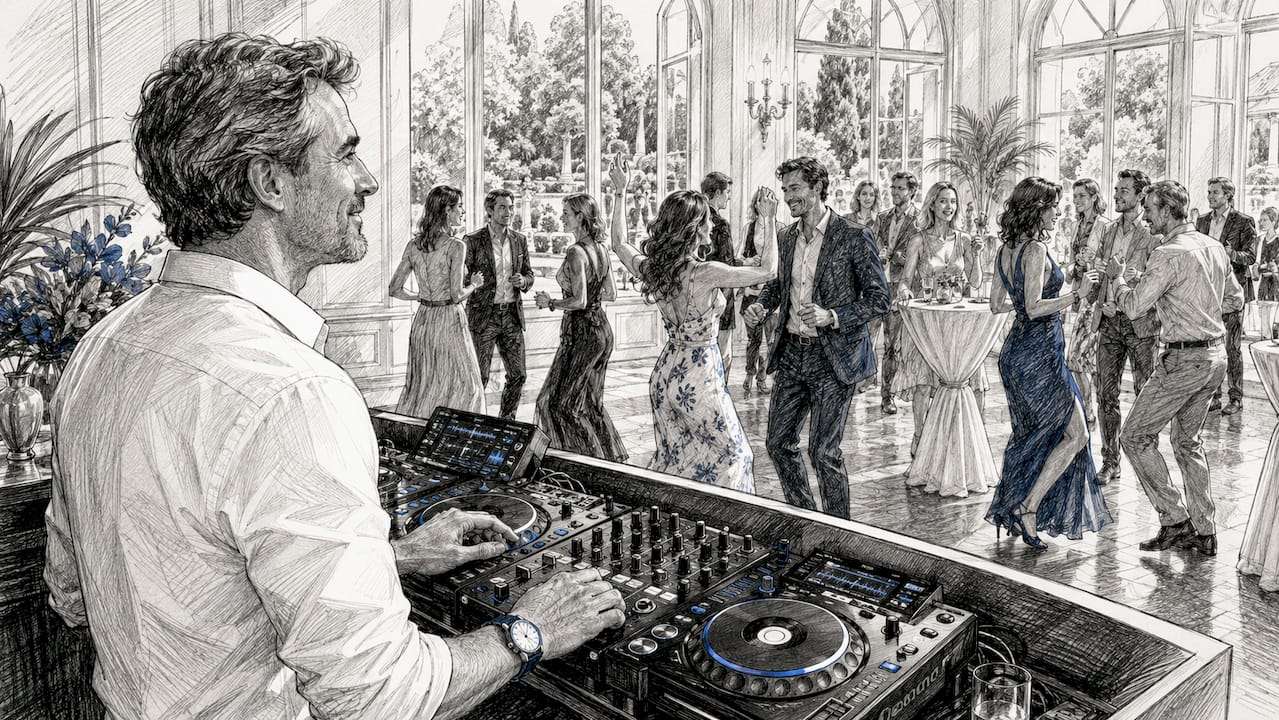 Der DJ verfolgt aufmerksam, wie die Mitarbeiter auf der Firmenfeier ausgelassen das Tanzparkett stürmen.