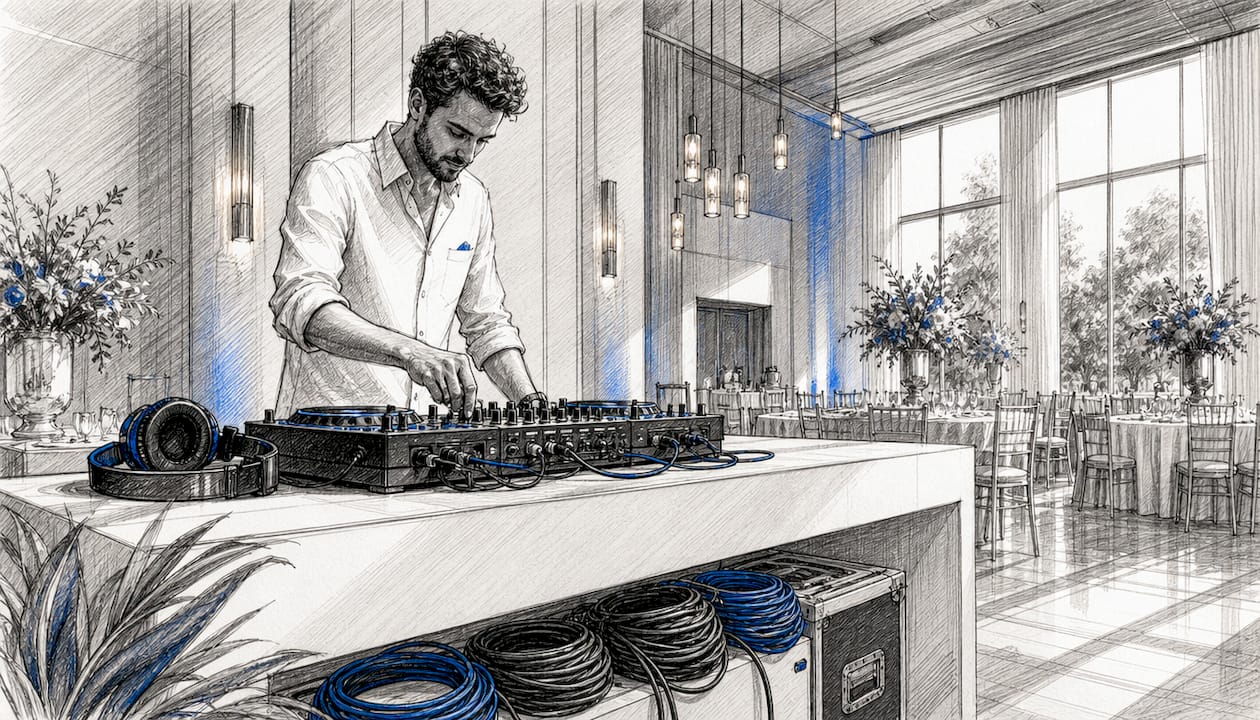 Der DJ baut seine Technik im Veranstaltungsraum auf.