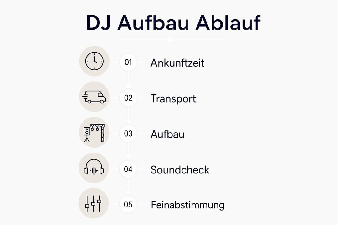 Grafik: So läuft der DJ-Aufbau bei einer Hochzeitsfeier Schritt für Schritt ab