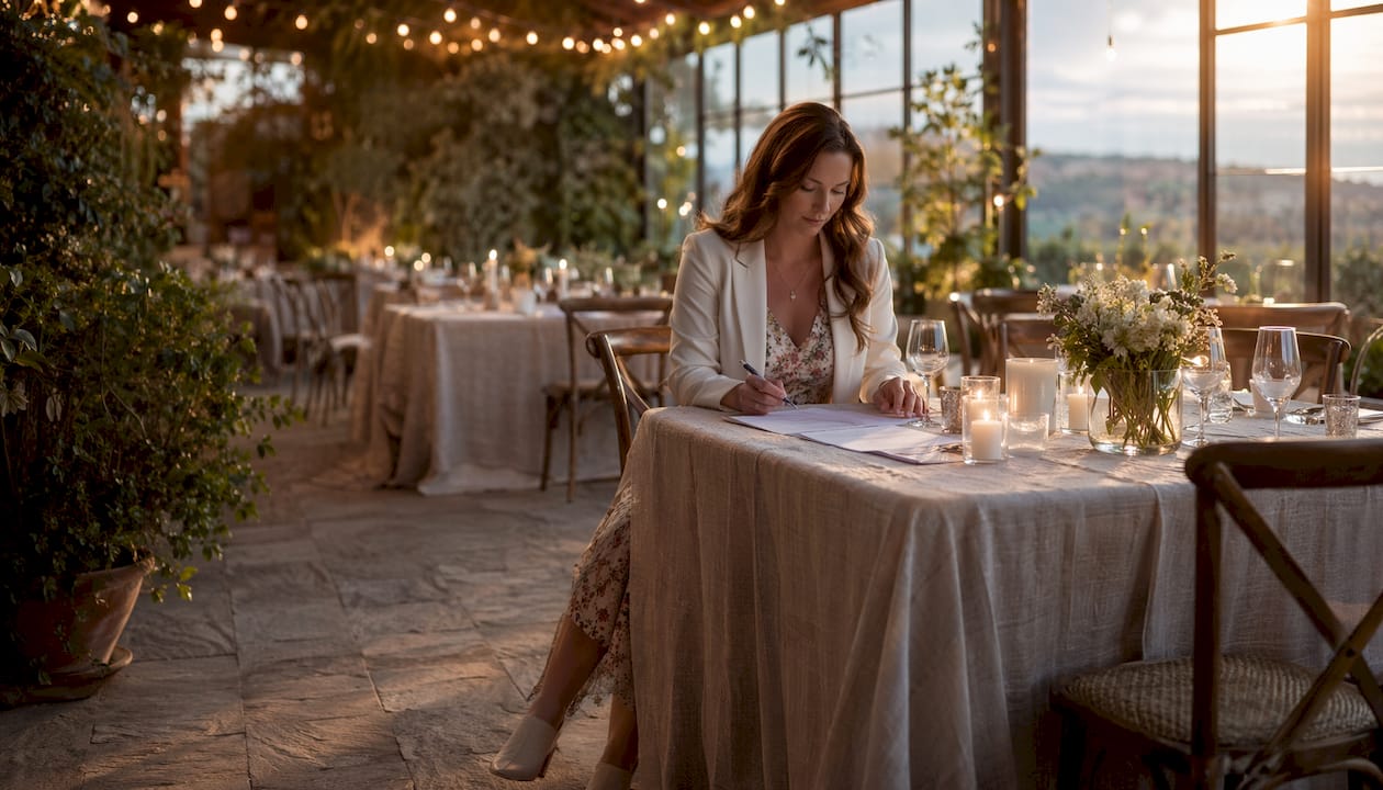 Die Hochzeitsplanerin nimmt die Musikauswahl für das Abendessen unter die Lupe.