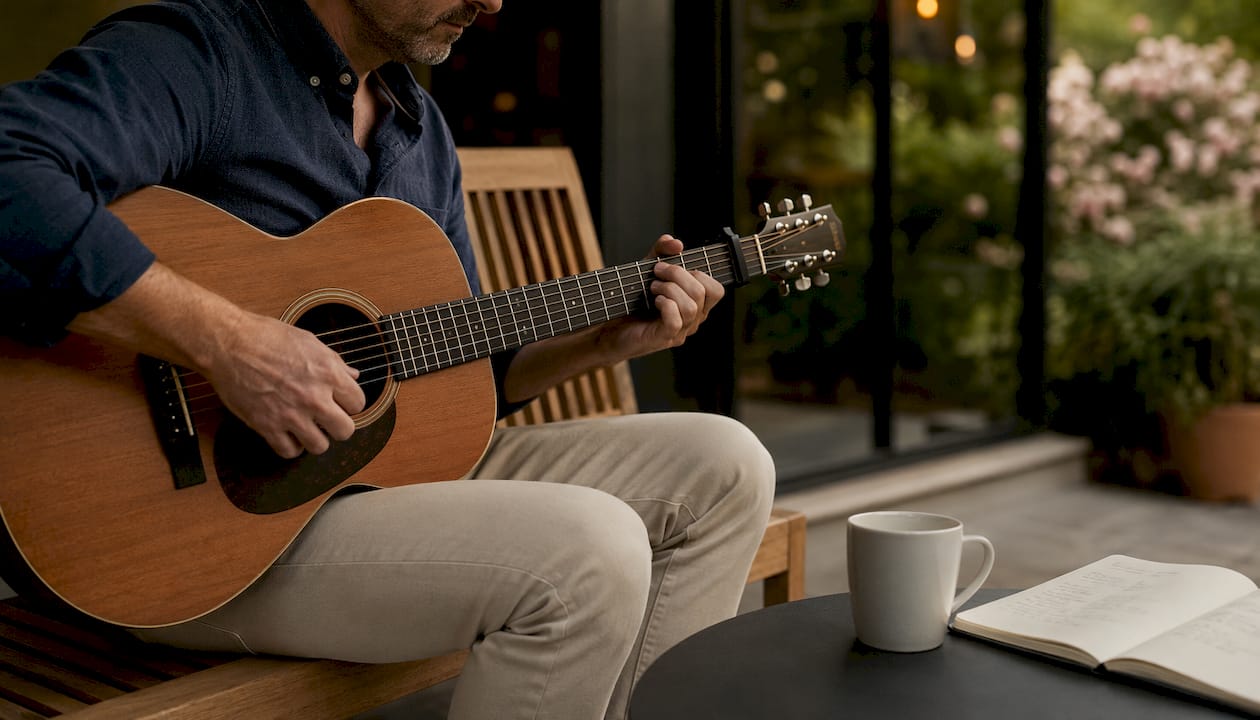 Ein Gitarrist sorgt mit akustischen Jazzklängen für entspannte Atmosphäre im Café.
