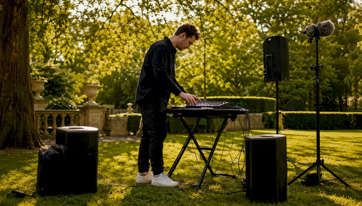 Ein Techniker überprüft die Soundanlage im Garten und sorgt dafür, dass draußen alles einwandfrei klingt.
