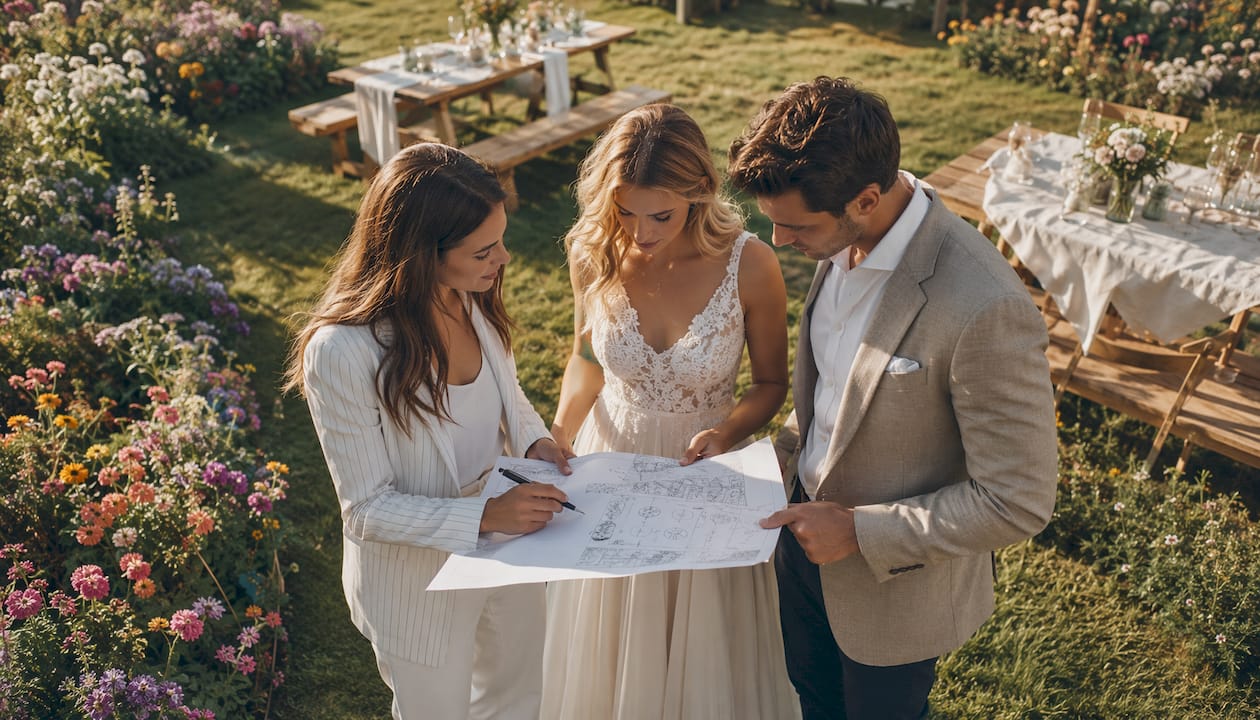 Das Brautpaar bespricht gemeinsam mit dem Hochzeitsplaner die Gestaltung der Feier im Garten.