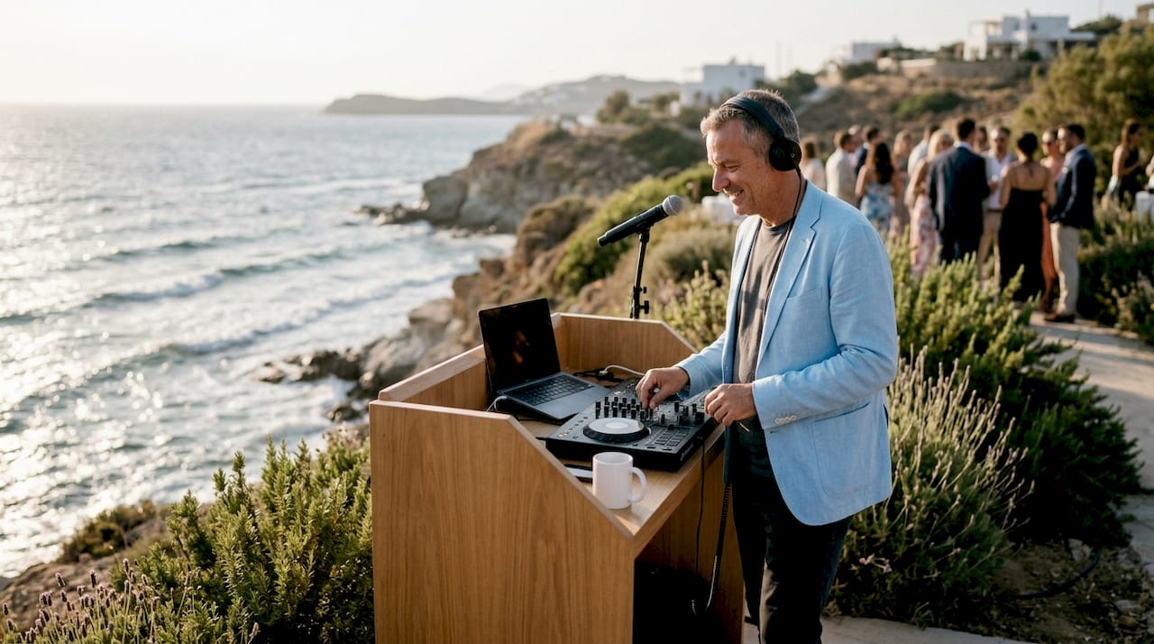Ein DJ sorgt für die perfekte Stimmung bei eurer Strandhochzeit in Griechenland – unvergessliche Musikmomente direkt am Meer.