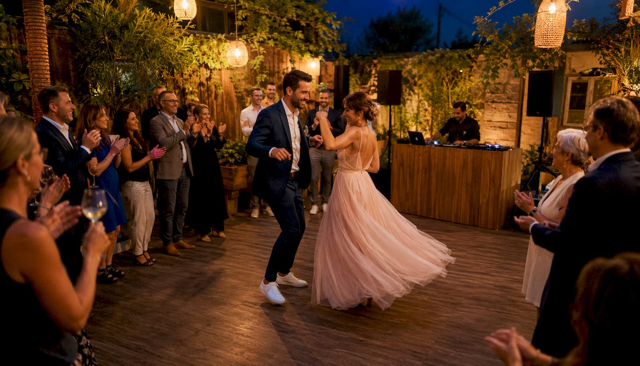 Ein verliebtes Paar tanzt unter freiem Himmel auf einer festlich beleuchteten Tanzfläche – der perfekte Moment auf einer Sommerhochzeit.
