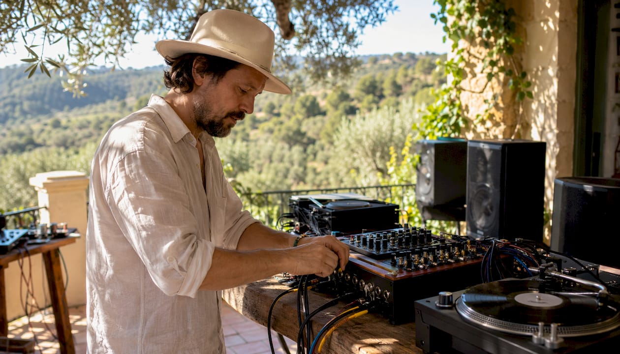 Ein DJ bereitet auf der Terrasse einer Hochzeitslocation auf Mallorca sein Equipment für die Feier vor.